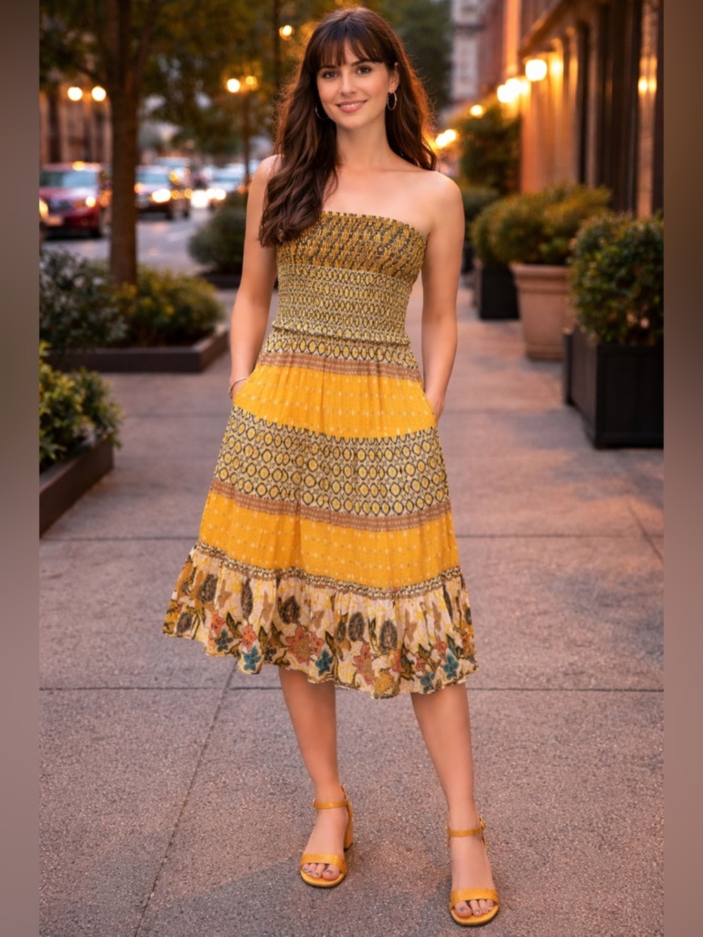 Raja Sun Strapless Yellow Smocked Midi Dress made in India 100% cotton